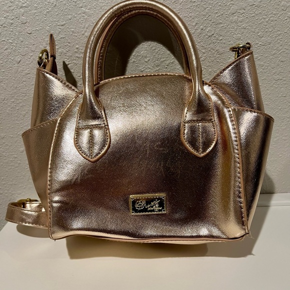 Luv Betsey Johnson Cat Face Purse Gold Satchel Pink Nose EUC - Picture 3 of 7